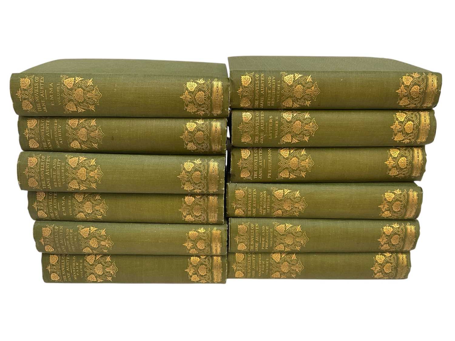 Lot 1675 - Jane Austen - complete works, Winchester edition, published 1911, 12 vols. green gilt tooled cloth bindings