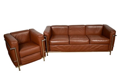 Lot 1682 - Corbusier style leather and chrome sofa and ensuite armchair