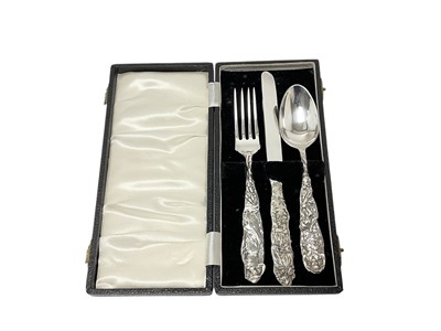 Lot 410 - Cased Tiffany silver pictorial christening set, with nursery rhyme ornament