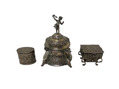 Lot 349 - 19th century Continental silver inkwell, together with a Dutch miniature bureau and a ring box