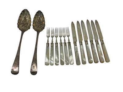 Lot 361 - Two silver berry spoons and a set of mother of pearl handled fruit knives and forks