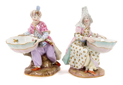 Lot 154 - Pair of 19th century Meissen porcelain figural sweetmeat dishes