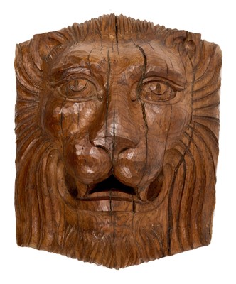 Lot 1024 - Very large antique carved oak lion mask, 45cm.