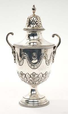 Lot 321 - Victorian silver sifter with two scroll handles and foliate swag decoration
