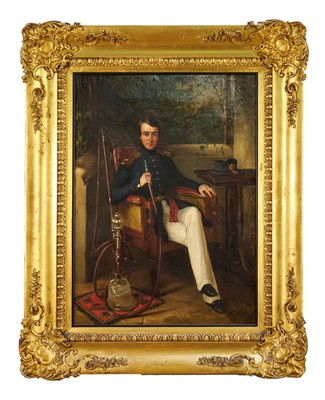 Lot 1286 - Attributed to George Duncan Beechey (1788-1852) oil on canvas - portrait of an Officer of the East India Company's Bengal Engineers, a cut glass hookah pipe at his side, in gilt frame. Pr...