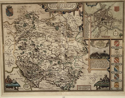 Lot 297 - John Speed 17th century hand coloured engraved map of Hertfordshire, 40.5cm x 52.5cm, together with a 16th century hand coloured double map