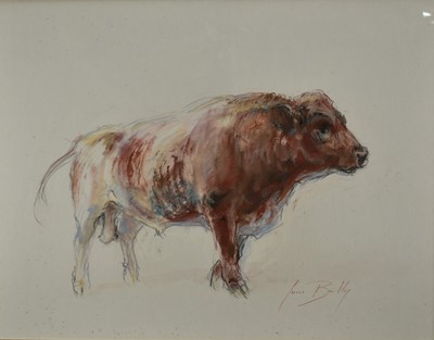 Lot 1398 - June Brilly (American, b.1956) mixed media - Shorthorn Bull, signed, 1990 exhibition label verso, 58cm x 74m, in glazed frame