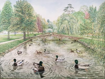 Lot 311 - Alex Williams (b. 1942) oil on canvas - Ducks and Ema at Bourton-on-the-Water, 76cm x 10cm, framed