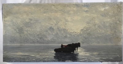 Lot 199 - Hunter Barr (possibly American) oil on board - Unloading the catch, 35cm x 71cm, unframed