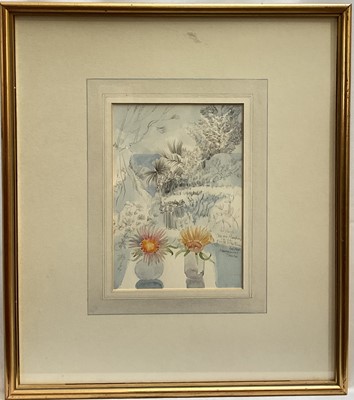 Lot 354 - Dennis Hawkins watercolour - Tunisian garden, signed and inscribed, in glazed gilt frame, 20cm x 14cm, together with a letter from the artist verso