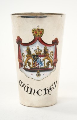Lot 404 - Good quality Late 19th/early 20th century German silver and enamel beaker of tapered form, with enamelled shield of the State of Bavaria and signed Munchen, marked on base.