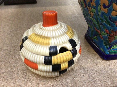 Lot 344 - Clarice Cliff preserve pot and cover, pair of Japanese satsuma vases and a French floral vase