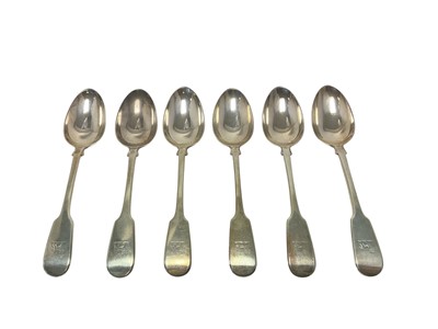 Lot 376 - Set of six 19th century fiddle pattern tablespoons with engraved ram...