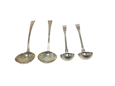 Lot 320 - Pair of George III silver ladles, together with pair of Victorian silver sauce ladles