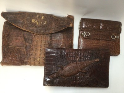 Lot 2091 - Vintage accessories including crocodile skin handbags and other handbags, pair of high lace-up boots, silk sari, scarves and hats in a hat box.