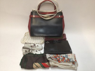 Lot 2091 - Vintage accessories including crocodile skin handbags and other handbags, pair of high lace-up boots, silk sari, scarves and hats in a hat box.