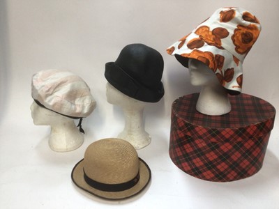 Lot 2091 - Vintage accessories including crocodile skin handbags and other handbags, pair of high lace-up boots, silk sari, scarves and hats in a hat box.