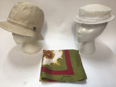 Lot 2091 - Vintage accessories including crocodile skin handbags and other handbags, pair of high lace-up boots, silk sari, scarves and hats in a hat box.