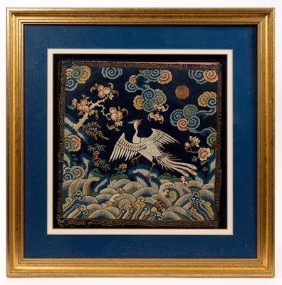Lot 1022 - Chinese silkwork rank badge, mounted as a blotter, in glazed gilt frame
