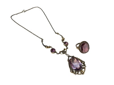 Lot 10 - Arts & Crafts style sterling silver and amethyst pendant necklace and similar amethyst ring