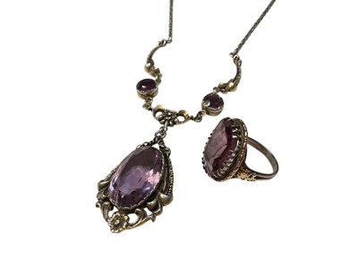 Lot 10 - Arts & Crafts style sterling silver and amethyst pendant necklace and similar amethyst ring