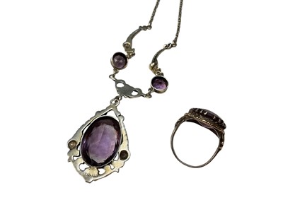 Lot 10 - Arts & Crafts style sterling silver and amethyst pendant necklace and similar amethyst ring