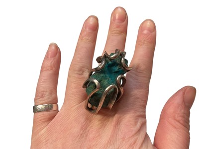 Lot 11 - Peruvian silver (925) and raw turquoise abstract modernist pendant necklace and similar ring