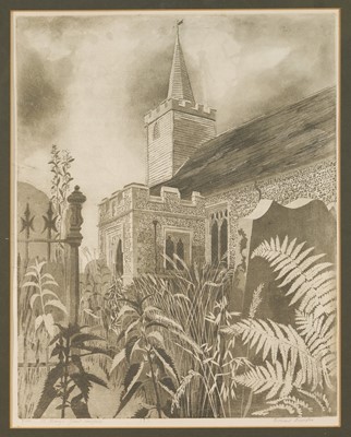 Lot 1193 - *Richard Bawden (1936-2024) signed limited edition etching - St Mary's, Great Canfield, 4/100, 50cm x 40cm, in glazed frame