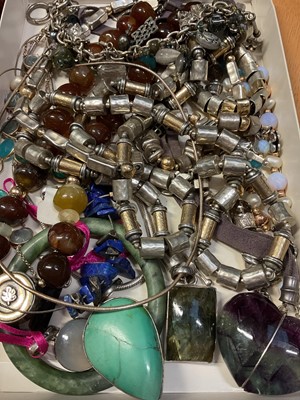 Lot 47 - Group of silver mounted semi-precious bead necklaces, bracelets, pendants and a green hard stone bangle