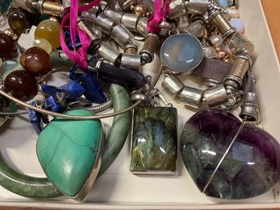 Lot 47 - Group of silver mounted semi-precious bead necklaces, bracelets, pendants and a green hard stone bangle