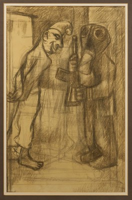 Lot 1062 - *Roderic Barrett (1920-2000) charcoal, Conversation Piece, 68 x 42cm, glazed frame, 66 x 42cm. Colchester Art Society exhibition label verso. Provenance: By family descent from the artist