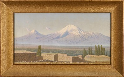 Lot 1415 - H. Baghdasarian, 1920s, oil on board, The Valley of Mexico with the volcanos Ixtlahuacán and Popocatepe