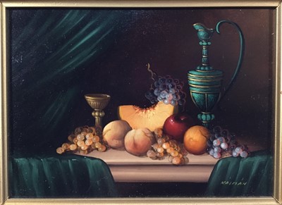 Lot 394 - Zsuzanna Kalman, oil on panel - Still Life of fruit and a wine jug on a table top, signed, 13cm x 18cm, in gilt and velvet frame