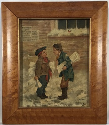Lot 194 - Victorian School, oil on canvas, two newspaper boys chatting in the snow by a poster recording the Russian Turkish war 1877 - 1878, initialled W.P., 23cm x 19cm, in maple frame