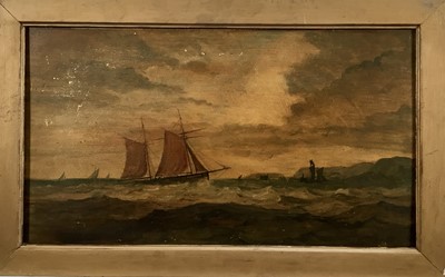 Lot 237 - English School 19th century, pair of oils on board - Fishing vessels off the coast, in gilt frames. Each 21cm x 39cm. (2)