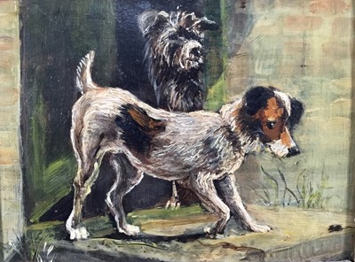 Lot 195 - English School 19th century, oil on panel - Two dogs watching a mouse, 15cm x 20cm, framed