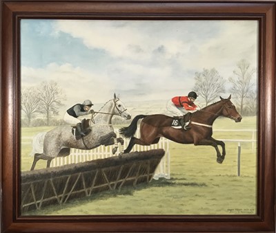 Lot 271 - Geraldine Freeman, oil on canvas - Desert Orchid and Dawn Run taking a fence signed and dated 1990, 50cm x 60cm, framed