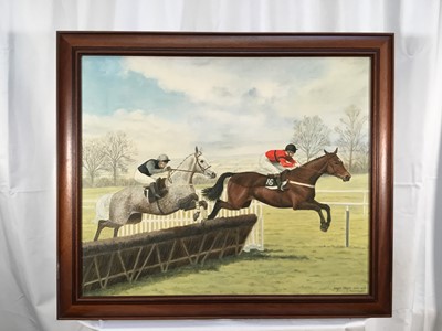 Lot 176 - Geraldine Freeman, oil on canvas - Desert Orchid and Dawn Run taking a fence signed and dated 1990, 50cm x 60cm, framed