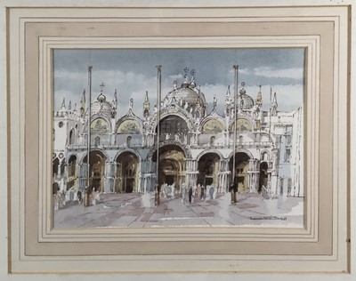 Lot 232 - Peter Bell (Contemporary) watercolour - Basilica San Marco, Venice, signed, 14.5cm x 20cm, in glazed frame
