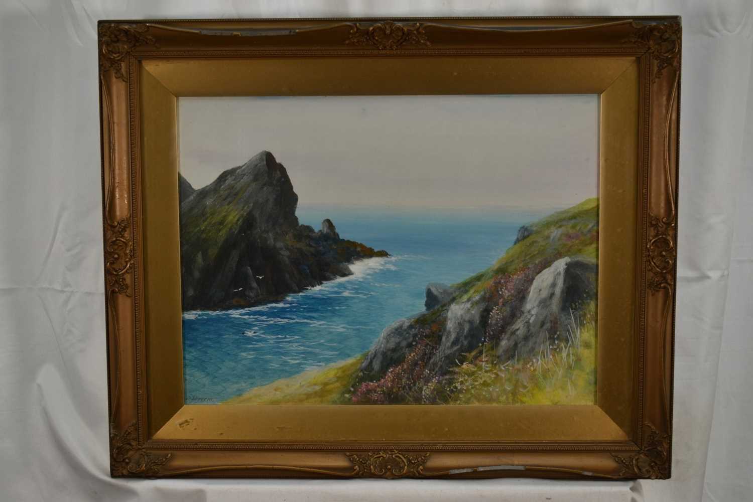 Lot 151 - Daniel Sherrin (1868-1940) gouache - Rocky Coastline, signed, 37cm x 49cm, in glazed gilt frame