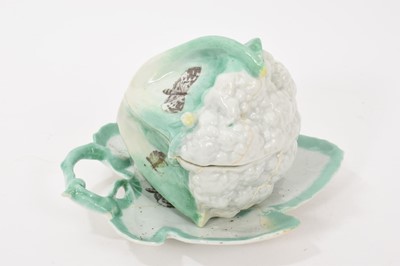 Lot 170 - Rare Worcester cauliflower shaped tureen, cover and stand, printed with butterflies, circa 1756-58