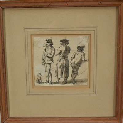 Lot 1267 - Paul Sandby (c.1730-1809) monochrome pen and wash - Three figures and a dog, Agnews label verso, 9cm x 9.5cm, in glazed frame