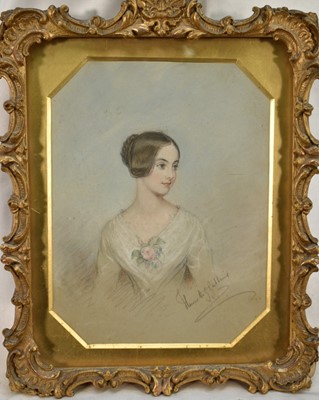 Lot 1261 - Henrietta G Gubbins, 19th century, coloured pencils on paper, half length portrait of a young woman, signed, 21cm x 16cm, in gilt frame