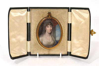 Lot 870 - English School, circa 1800, portrait miniature of a lady in white dress and shawl, unsi...