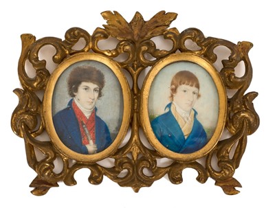 Lot 863 - Anglo-Indian Colonial interest: Early 19th century double portrait depicting two gentlemen, inscribed verso, in carved gilt wood frame