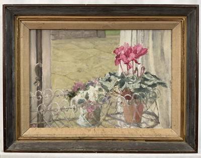 Lot 11 - English school, oil on canvas, Cyclamen, signed with initials 'A.C.', 25cm x 36cm, label verso, framed
