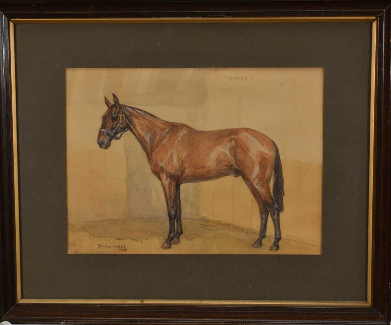 Lot 145 - Diana Keyes 20th century watercolour - Portrait of ‘Joker’, horse in a stable, signed and dated 1933, 23cm x 32cm, in glazed frame
