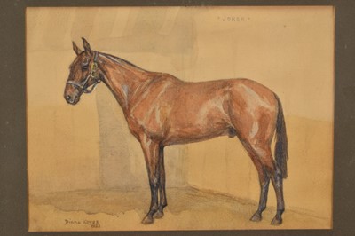 Lot 145 - Diana Keyes 20th century watercolour - Portrait of ‘Joker’, horse in a stable, signed and dated 1933, 23cm x 32cm, in glazed frame