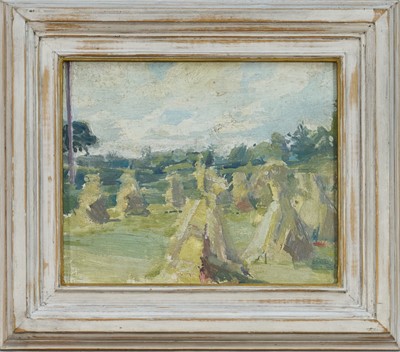 Lot 1259 - Richard ‘Dick’ Lee (1923-2001) oil on board - Corn Stooks, 19cm x 23cm, framed