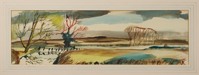 Lot 1055 - Rowland Suddaby (1912-1979) watercolour - Autumn on the Waveney, signed, 17cm x 55cm, in glazed frame